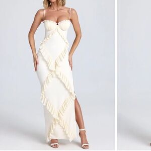 oh Polly - Plissé Ruffle-Trim Maxi Dress in Ivory